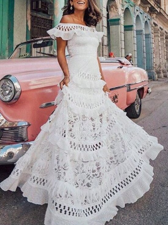 Dresses & Skirts - White Elegant Women's Off Shoulder Ruffle Tiered Maxi Dress